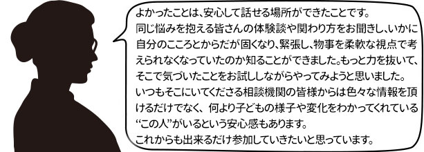 よかったことは、安心して話せる場所ができたことです。
同じ悩みを抱える皆さんの体験談や関わり方をお聞きし、いかに自分のこころとからだが固くなり、緊張し、物事を柔軟な視点で考えられなくなっていたのか知ることができました。もっと力を抜いて、そこで気づいたことをお試ししながらやってみようと思いました。
いつもそこにいてくださる相談機関の皆様からは色々な情報を頂けるだけでなく、 何より子どもの様子や変化をわかってくれている‘‘この人”がいるという安心感もあります。
これからも出来るだけ参加していきたいと思っています。